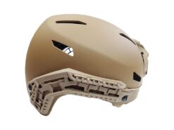FMA Caiman bump helmet – left-side full view, Dark Earth Tan with NVG shroud and Arc rails