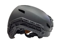 FMA Caiman bump helmet with NVG shroud and arc rails – left-side full view, black