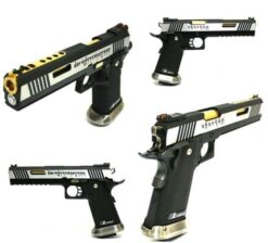 WE Hi-Capa Force T-Rex 6″ GBB pistol – left-side full view, gold barrel and fibre optic sights