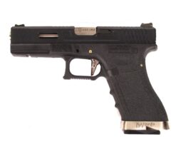 WE EU17 GBB pistol – left-side full view with silver barrel and 20mm rail