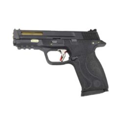 WE M&P Custom WET-06 GBB pistol – left-side full view with black stealth slide and gold barrel