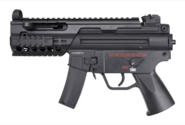 Jing Gong MP5K RIS airsoft SMG – left-side full view with integrated rail and detachable stock