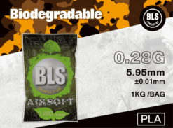 BLS 0.28g biodegradable precision BBs – 1KG white pack front and side view