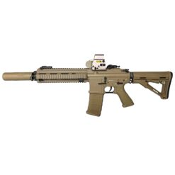 E&C 416D 9 inch AEG rifle Dark Earth – left-side full view with suppressor and red dot sight