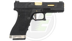 WE EU18 T1 gas pistol – left-side full view with gold barrel