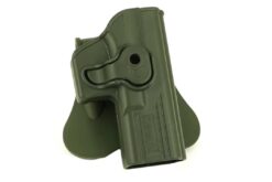 Ammomax Glock holster – left-side full view, OD green paddle mount