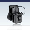Ammomax radio holster – full front view, black polymer, tool-free adjustment screws visible
