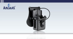 Ammomax radio holster – full front view, black polymer, tool-free adjustment screws visible