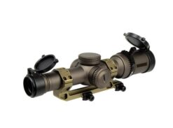 FMA Arrow 1-6×24 RAZOR HD GenII-E scope mount set – left-side full view, desert colour with Geissele mount and hard case
