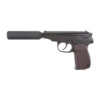 WE Makarov gas blowback pistol with silencer and extended barrel – left-side full view, brown grip