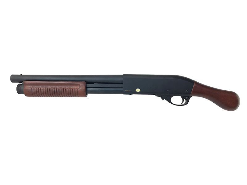 Golden Eagle M870 Sawed-Off Tri-Shot Gas Pump Action Shotgun (Real Wood - Black - 8877RW - V2) airsoft