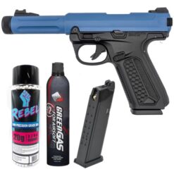Action Army AAP-01 GBB pistol – left-side full view, blue finish, slide open