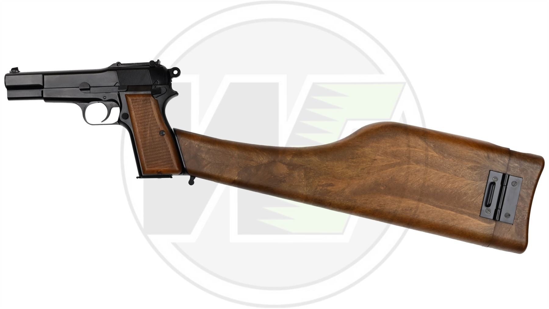 WE Browning Hi-Power MK3 GBB pistol with stock – left-side full view