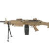 FN Herstal Minimi M249 MK2 support rifle – left-side full view, tan finish, hard stock