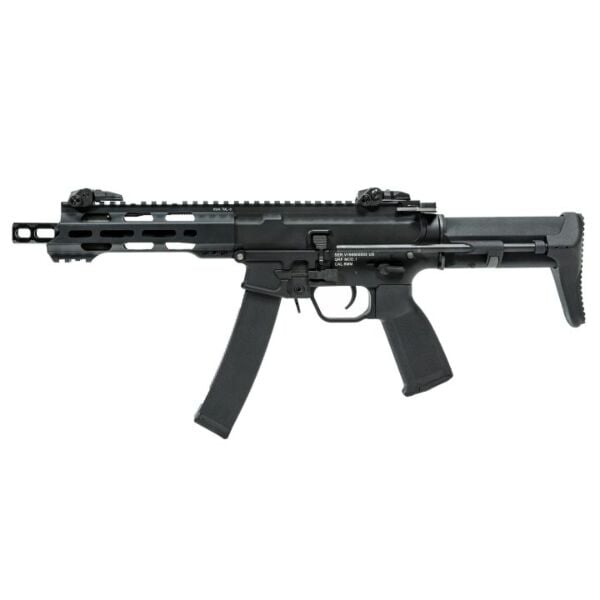 KWA QRF MOD.1 AEG submachine gun – left-side full view, black polymer stock and alloy receiver