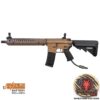 EMG x Daniel Defense DDM4 AEG rifle – left-side full view, desert tan finish with Wolverine INFERNO engine