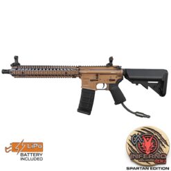 EMG x Daniel Defense DDM4 AEG rifle – left-side full view, desert tan finish with Wolverine INFERNO engine