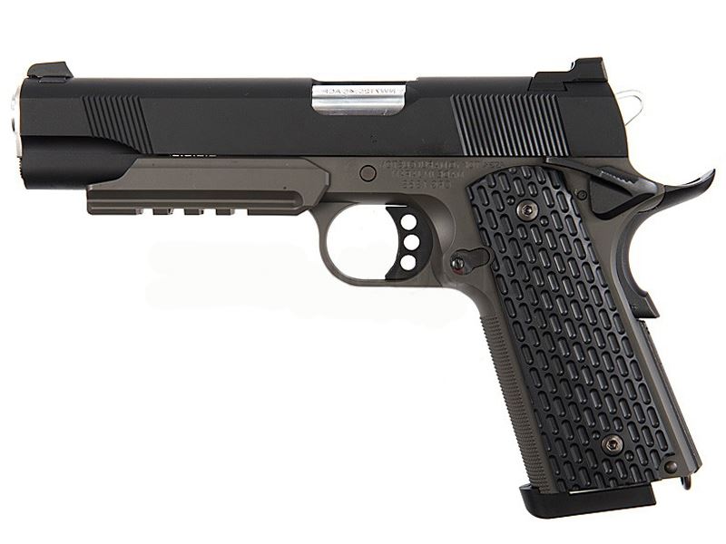 Tokyo Marui Night Warrior gas blowback pistol black – left-side full view with tactical rail and combat sights
