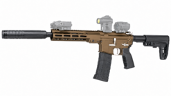 Ace 1 Arms HPA AR/M4 airsoft rifle with silencer – left-side full view, bronze finish