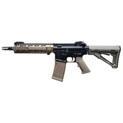 Well WG16-M L119A2 gas blowback rifle – left-side full view, two-tone tan and black